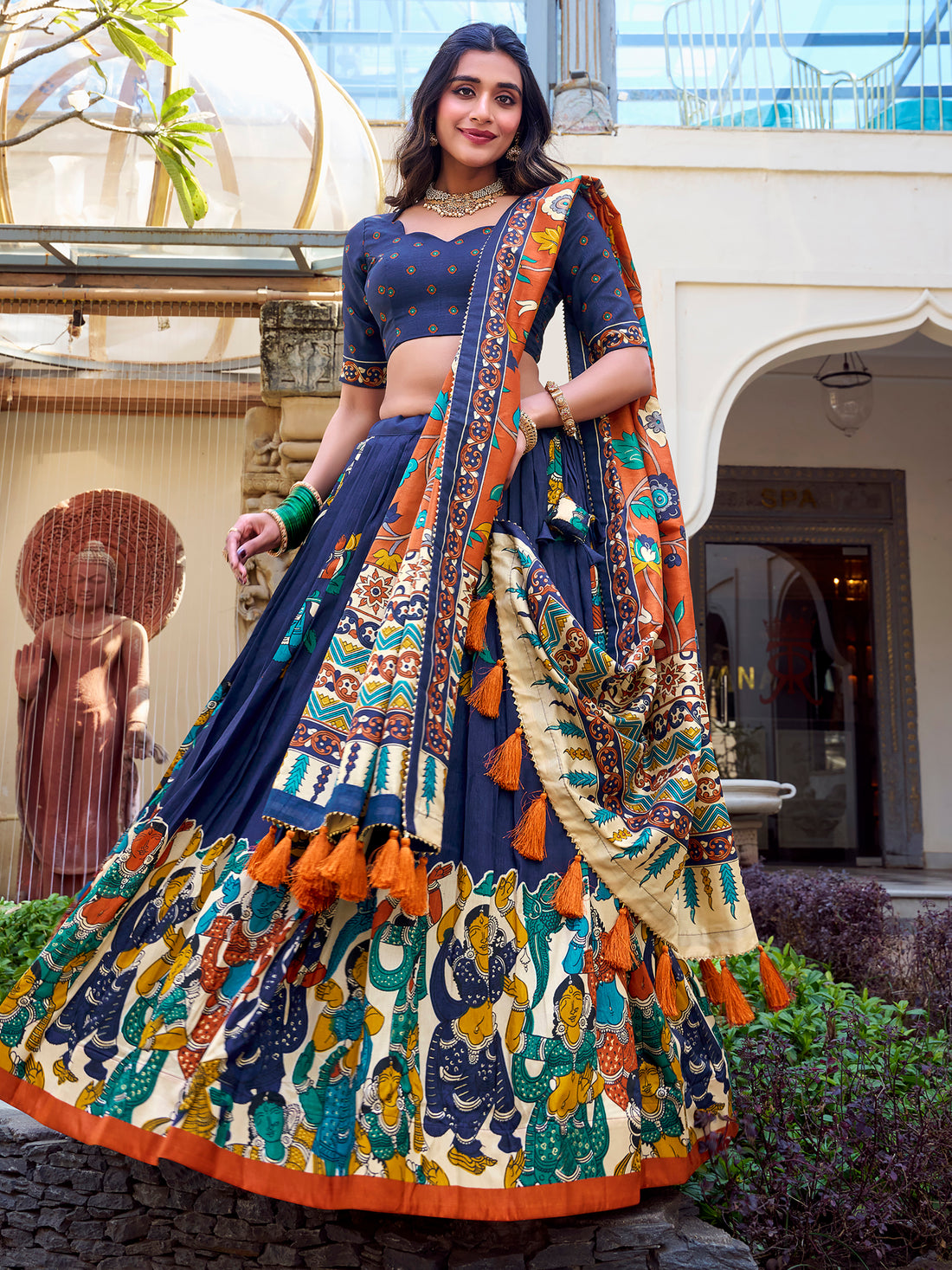 Classic Navy Blue Kalamkari Printed Silk Lehenga Choli With Dupatta