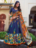 Classic Navy Blue Kalamkari Printed Silk Lehenga Choli With Dupatta