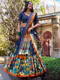 Classic Navy Blue Kalamkari Printed Silk Lehenga Choli With Dupatta