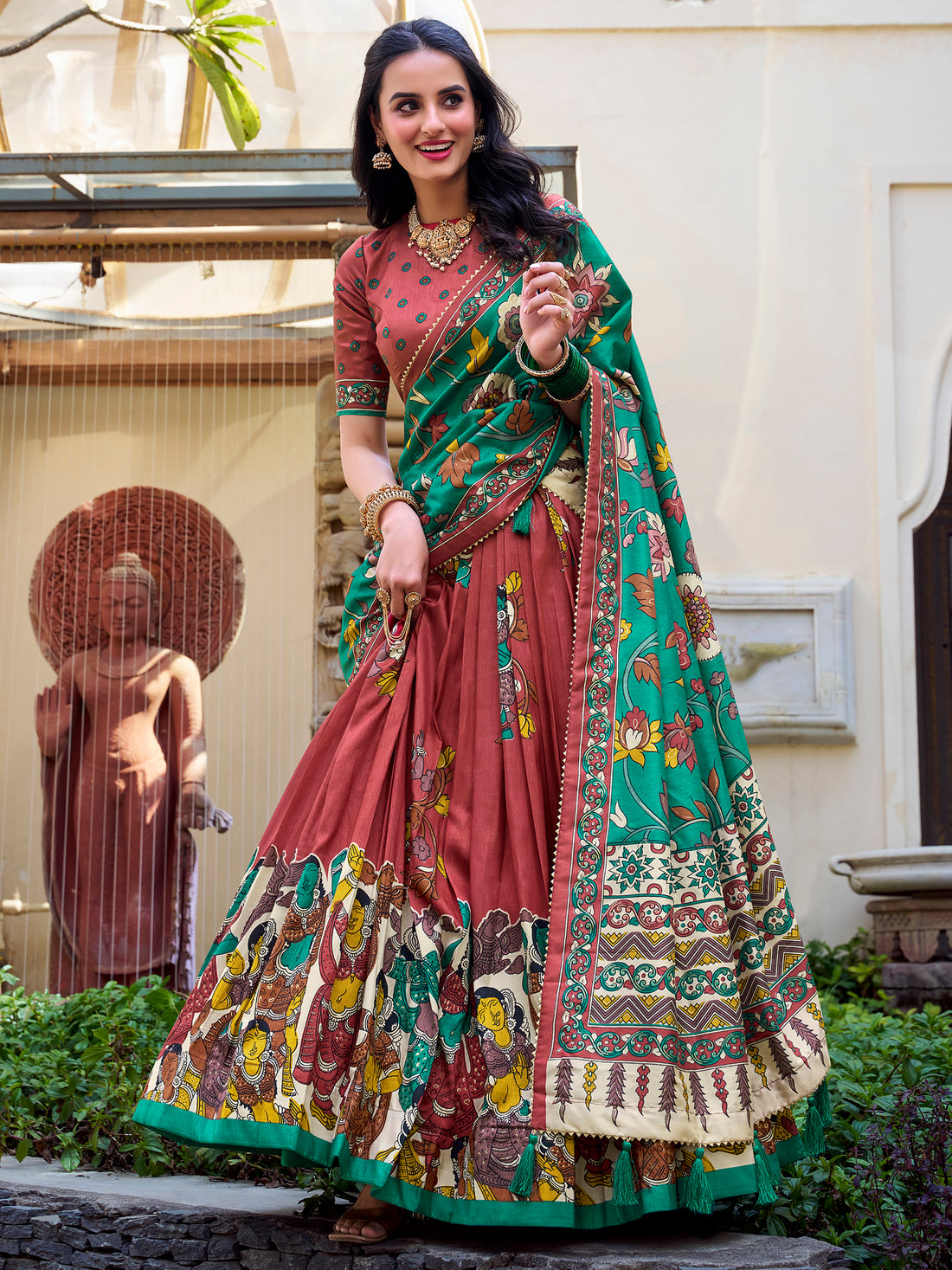 Attractive Coral Red Kalamkari Printed Silk Traditional Lehenga Choli