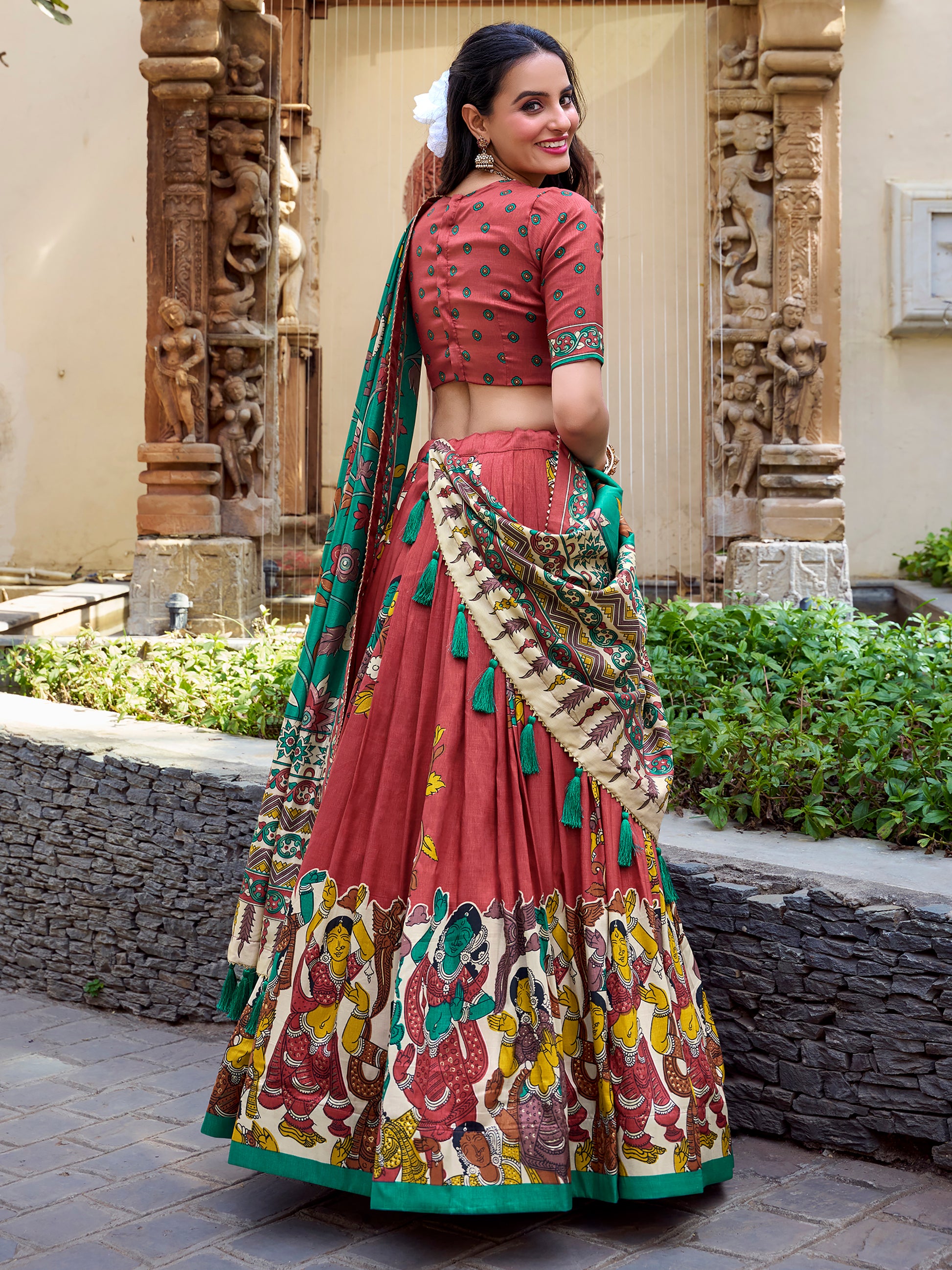 Attractive Coral Red Kalamkari Printed Silk Traditional Lehenga Choli