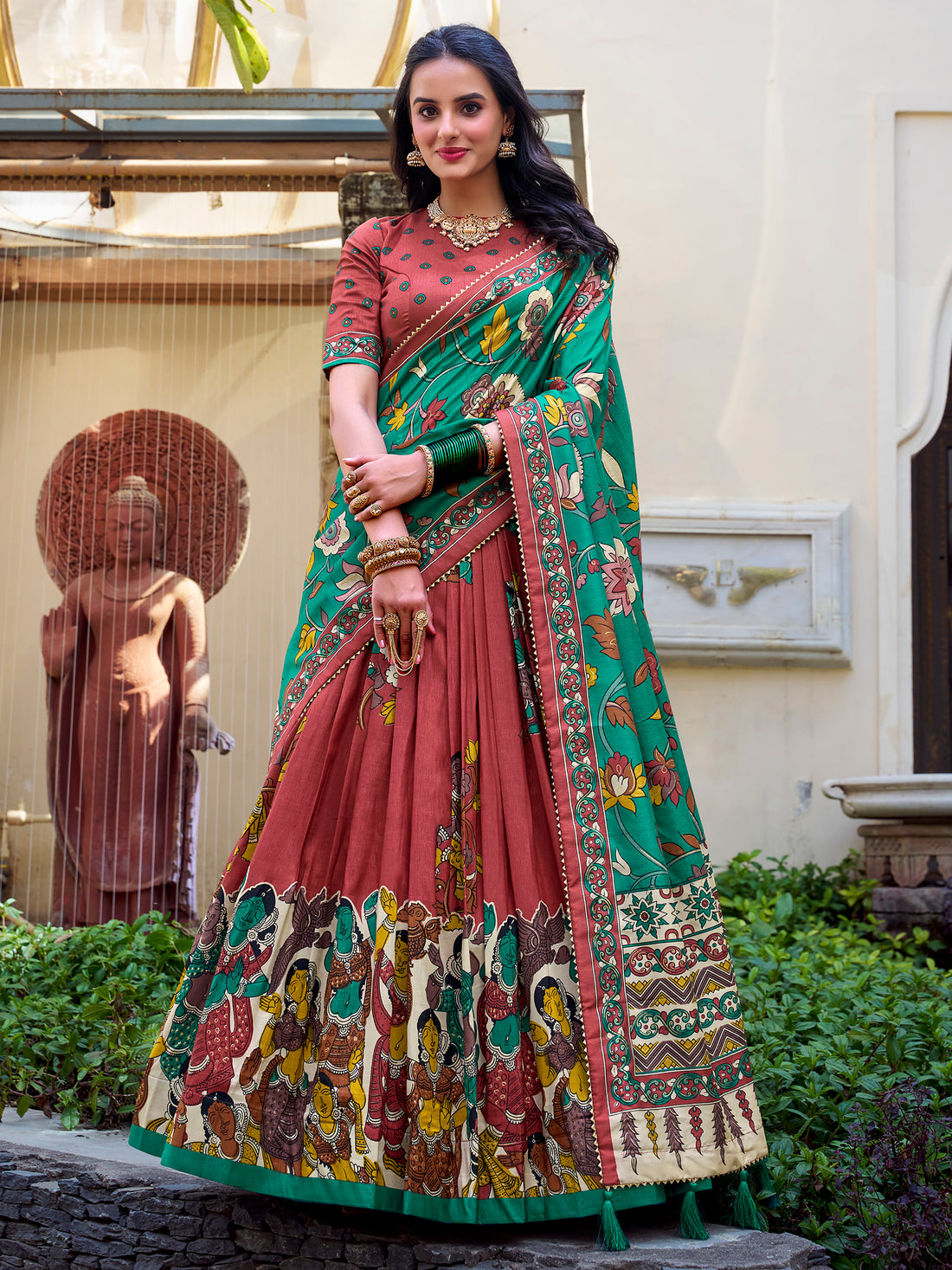Attractive Coral Red Kalamkari Printed Silk Traditional Lehenga Choli