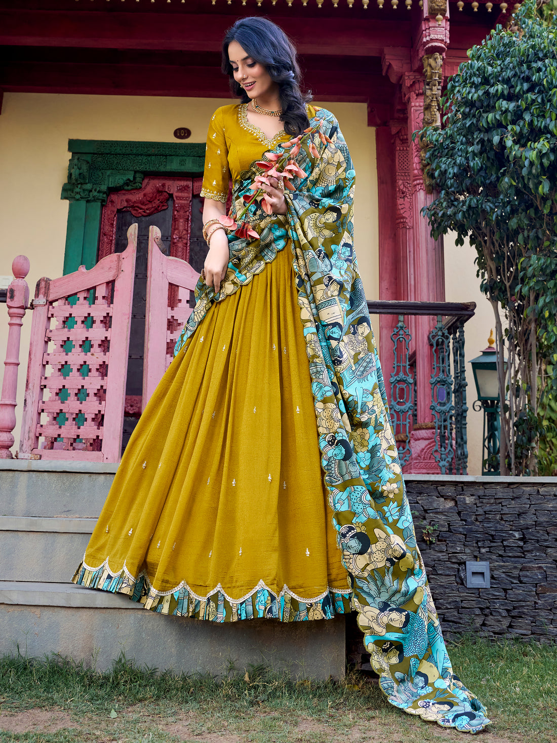 Astonishing Mustard Yellow Thread Work Silk Haldi Wear Lehenga Choli