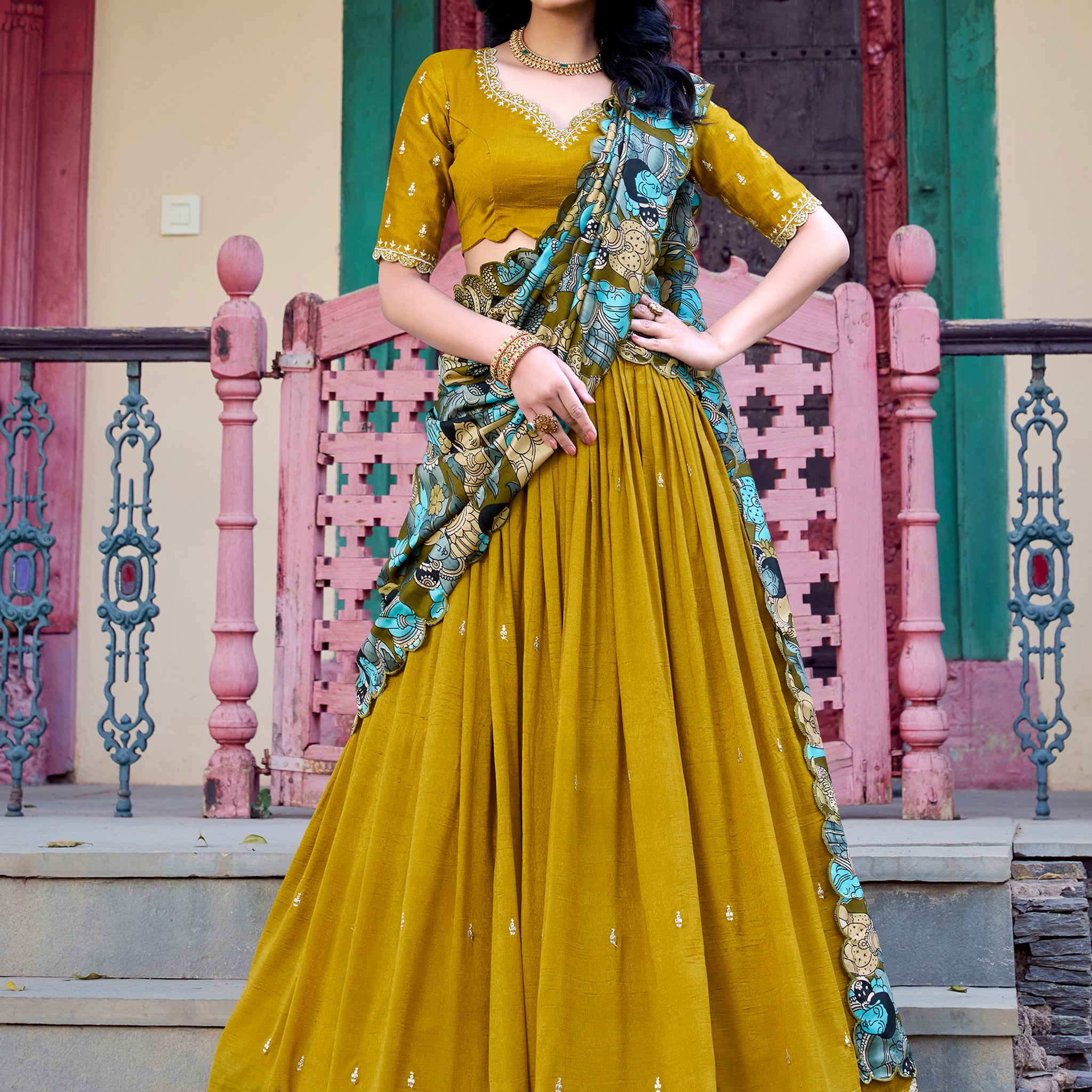 Astonishing Mustard Yellow Thread Work Silk Haldi Wear Lehenga Choli