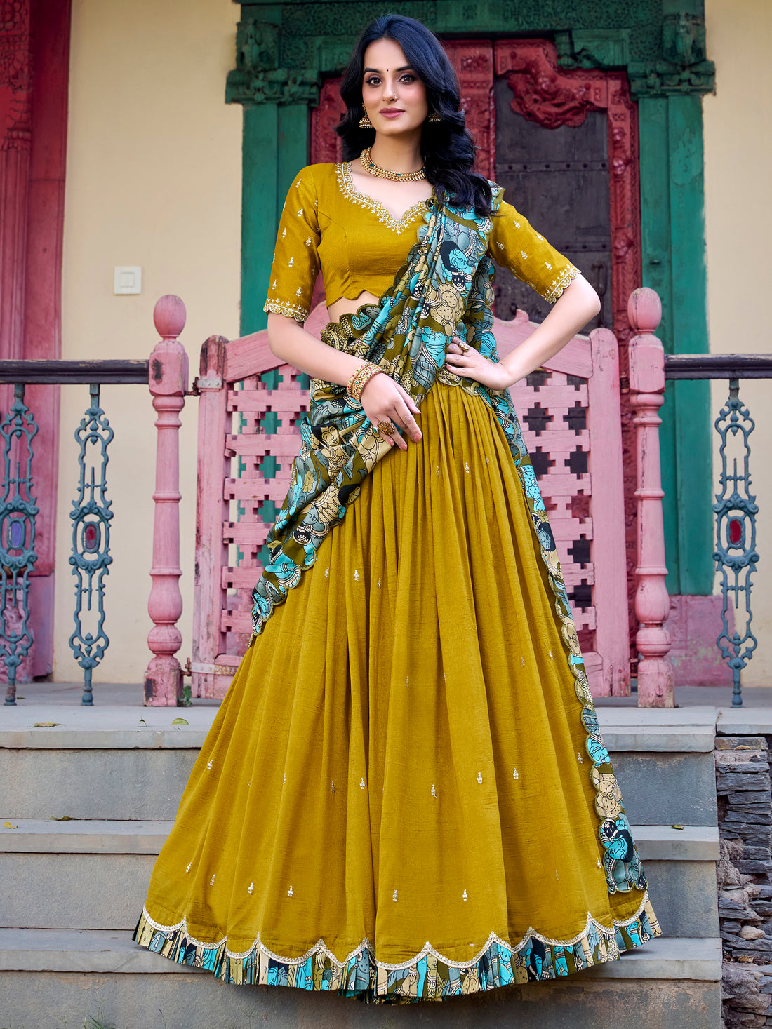 Astonishing Mustard Yellow Thread Work Silk Haldi Wear Lehenga Choli