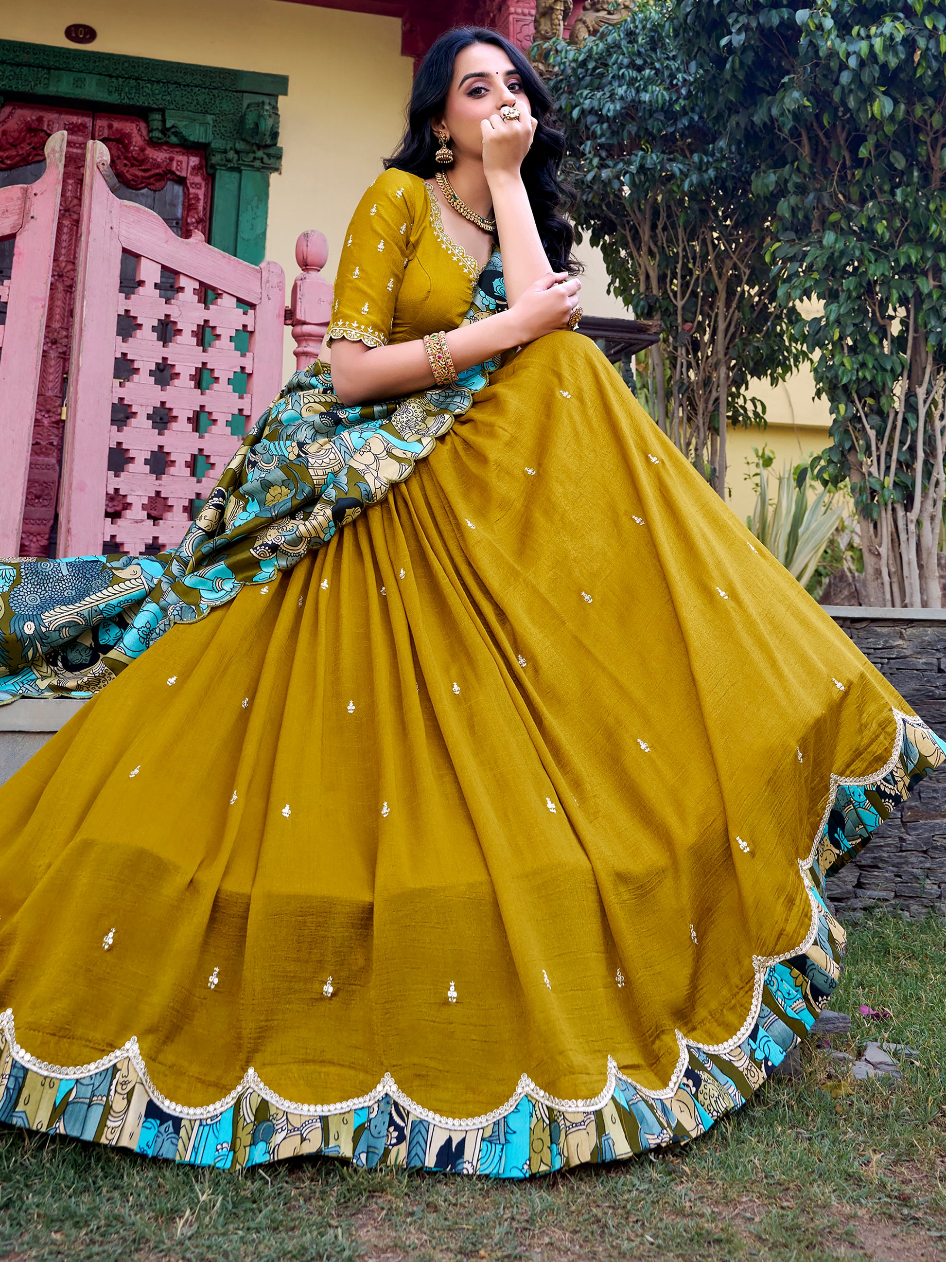 Astonishing Mustard Yellow Thread Work Silk Haldi Wear Lehenga Choli