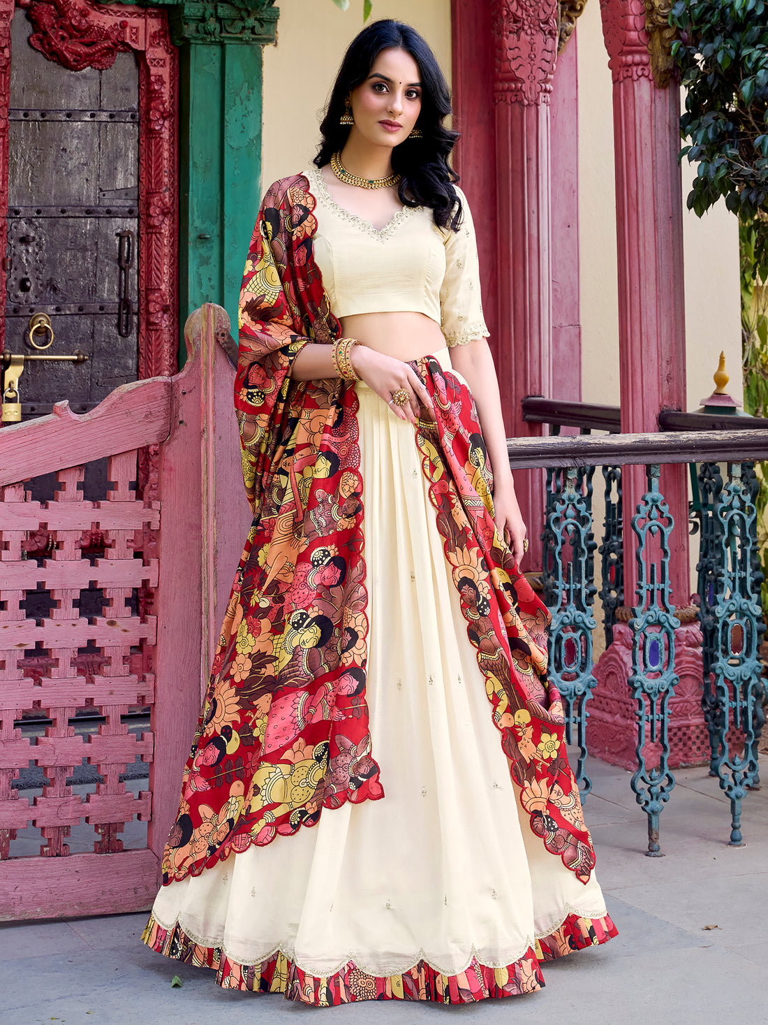 Stunning Off-White Silk Event Wear Lehenga Choli With Printed Dupatta