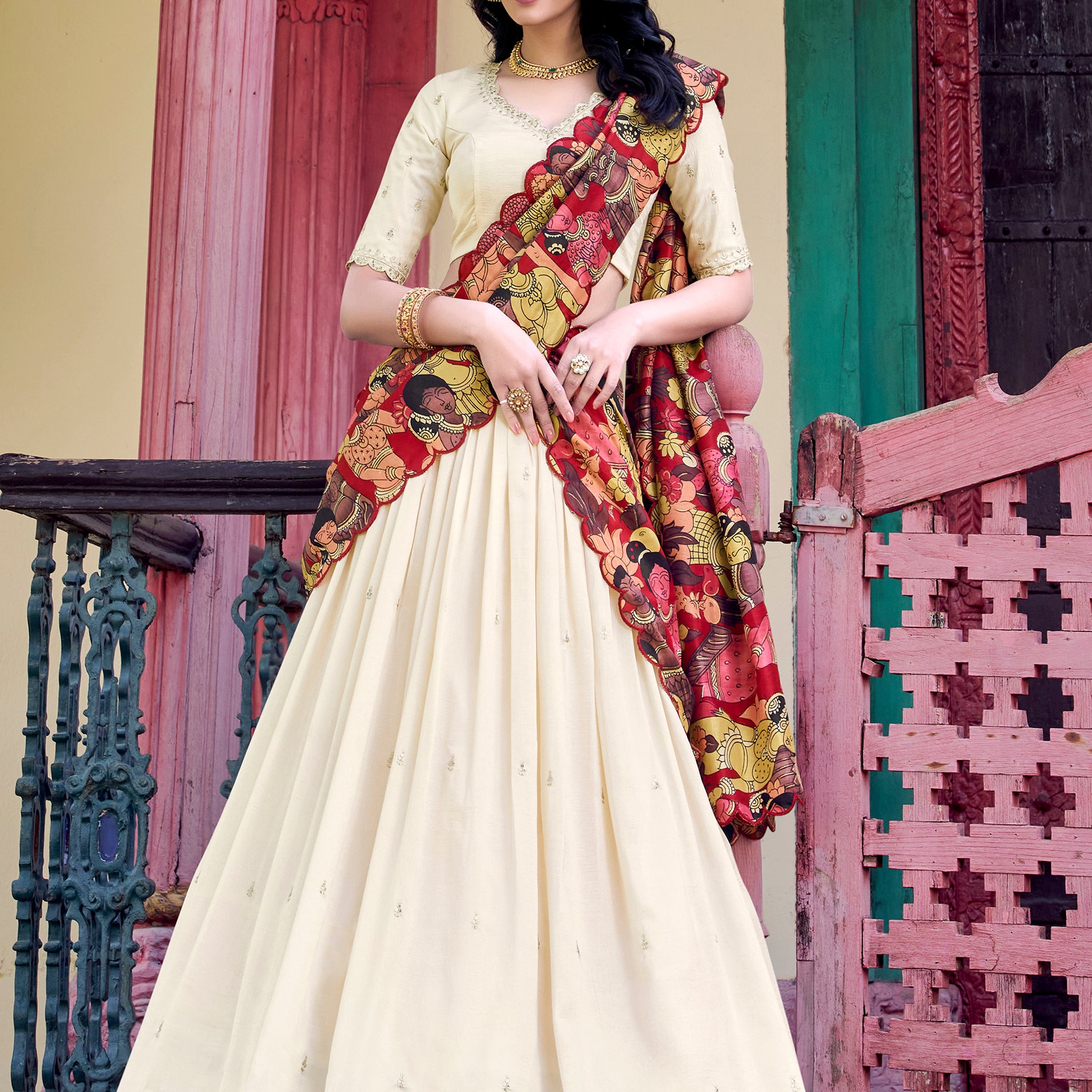 Stunning Off-White Silk Event Wear Lehenga Choli With Printed Dupatta