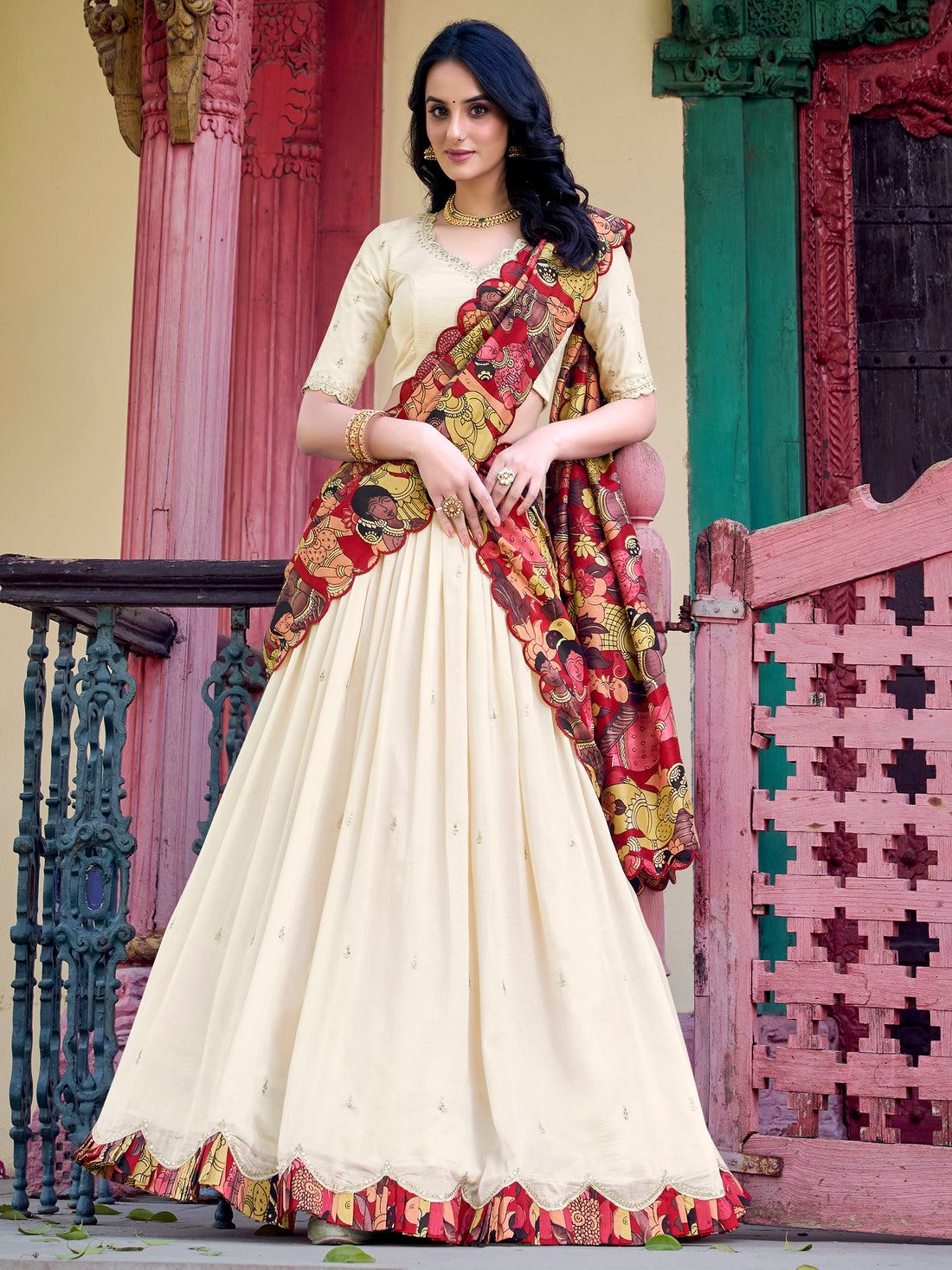 Stunning Off-White Silk Event Wear Lehenga Choli With Printed Dupatta