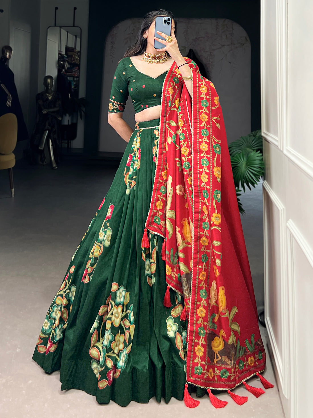 Dazzling Green Foil Work Tussar Silk Festival Wear Lehenga Choli
