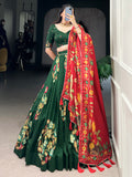 Dazzling Green Foil Work Tussar Silk Festival Wear Lehenga Choli