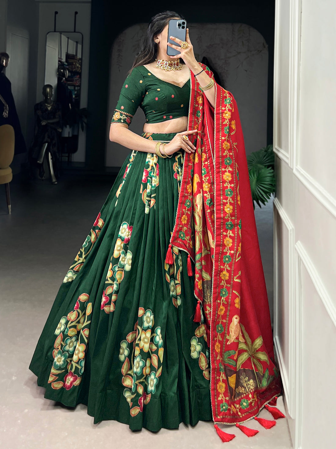 Dazzling Green Foil Work Tussar Silk Festival Wear Lehenga Choli