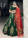 Dazzling Green Foil Work Tussar Silk Festival Wear Lehenga Choli