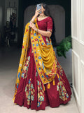 Spectacular Maroon Foil Work Tussar Silk Lehenga Choli With Dupatta
