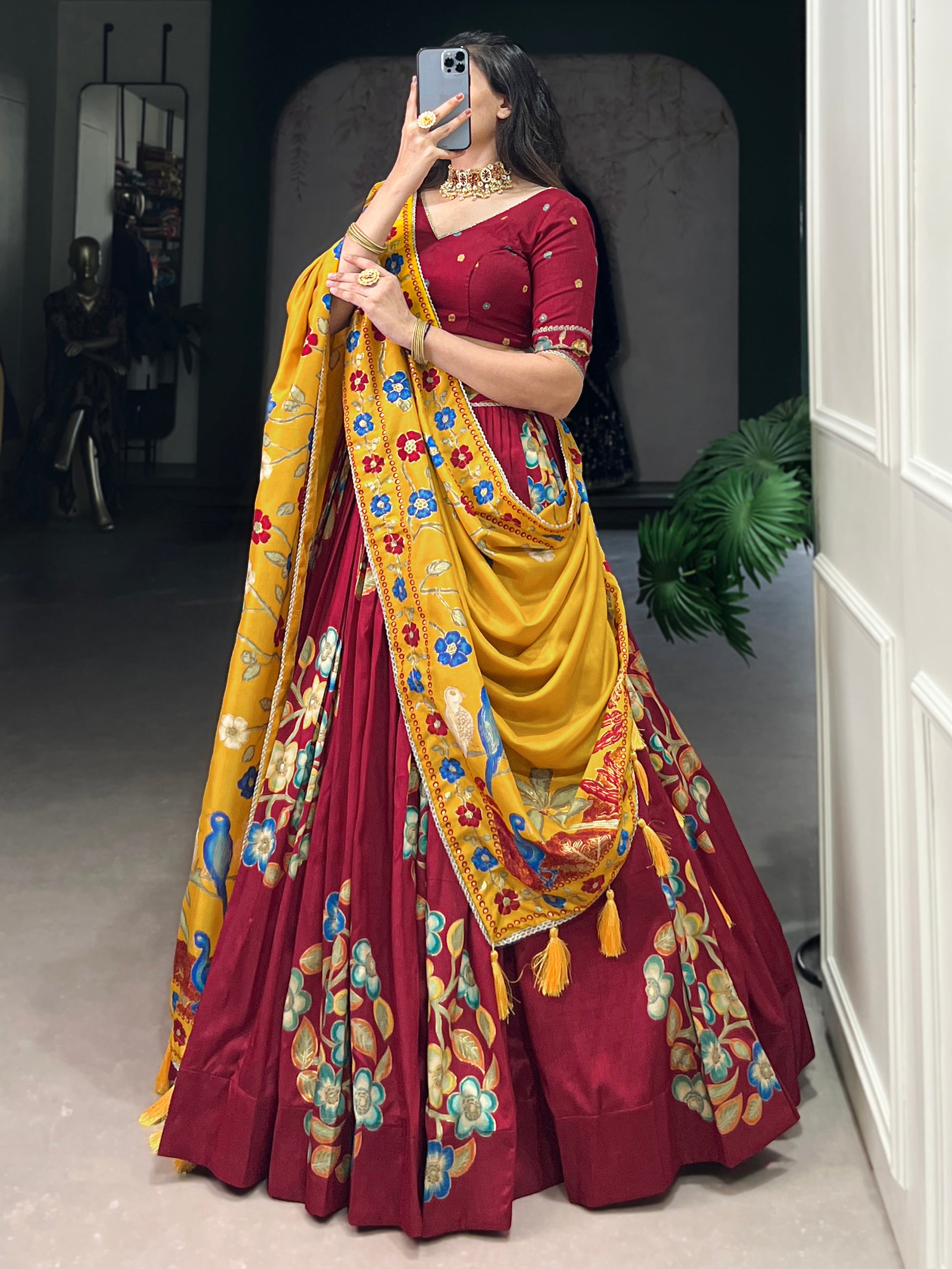 Spectacular Maroon Foil Work Tussar Silk Lehenga Choli With Dupatta