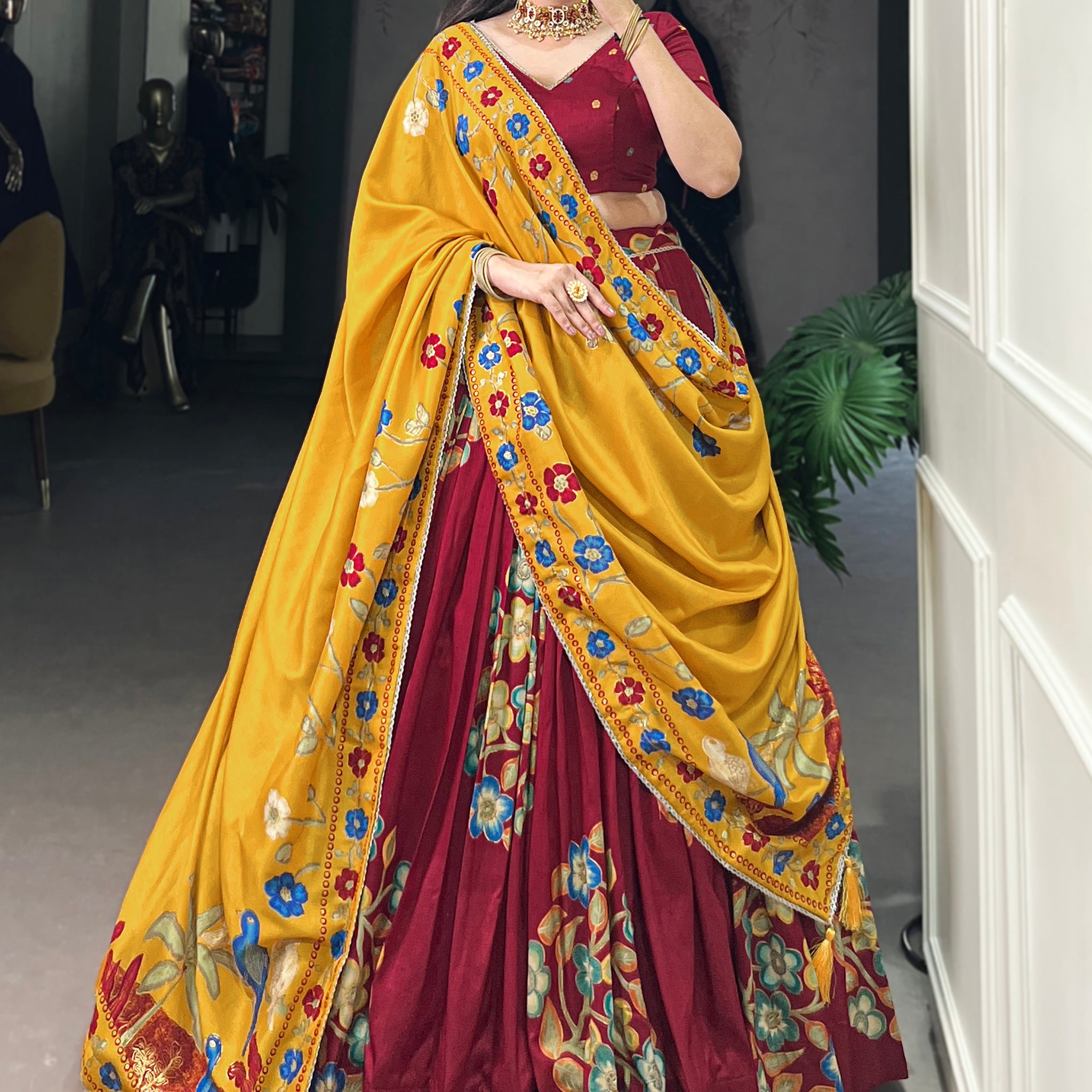 Spectacular Maroon Foil Work Tussar Silk Lehenga Choli With Dupatta
