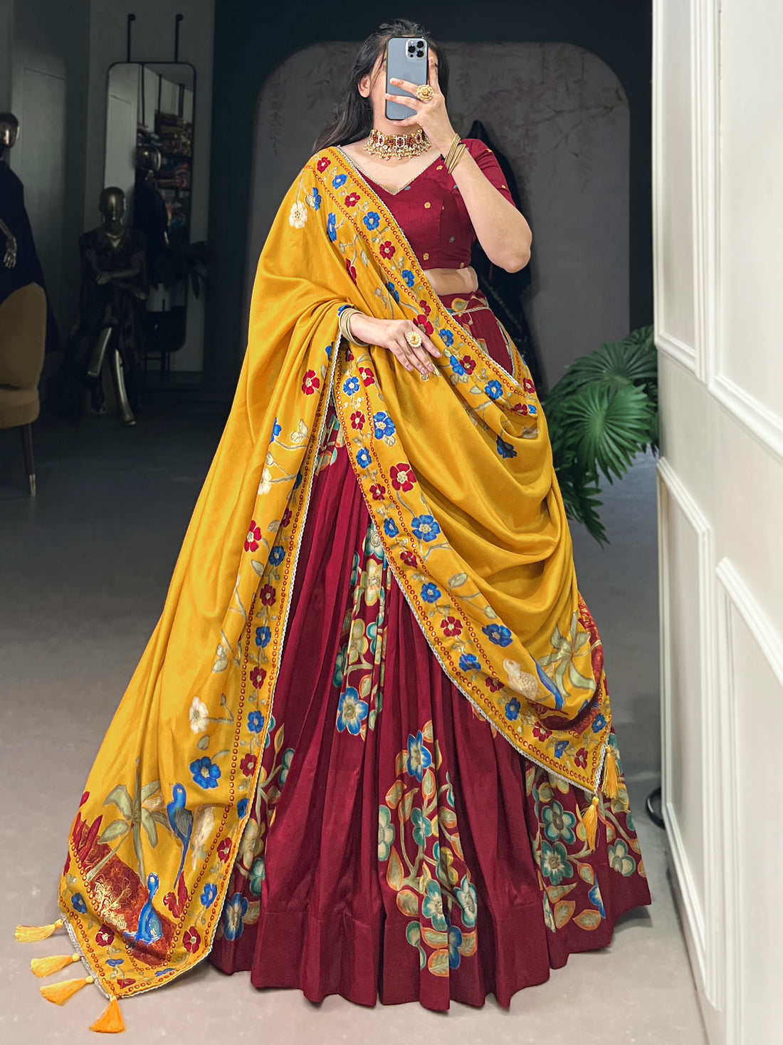 Spectacular Maroon Foil Work Tussar Silk Lehenga Choli With Dupatta