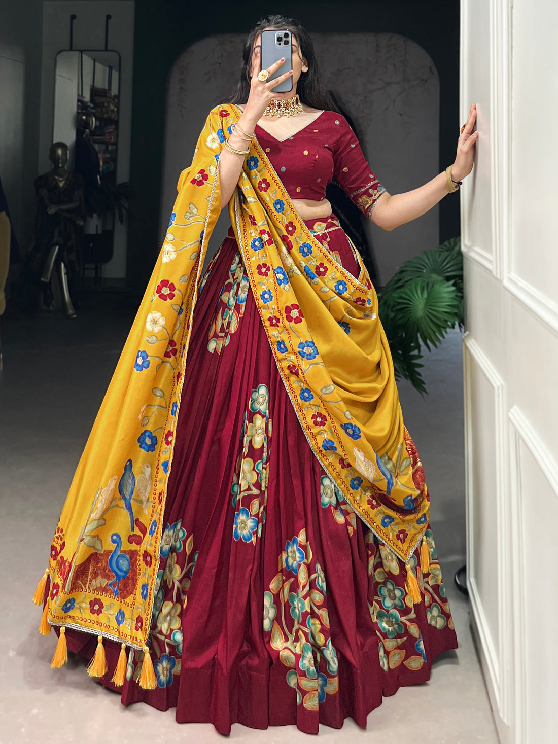 Spectacular Maroon Foil Work Tussar Silk Lehenga Choli With Dupatta