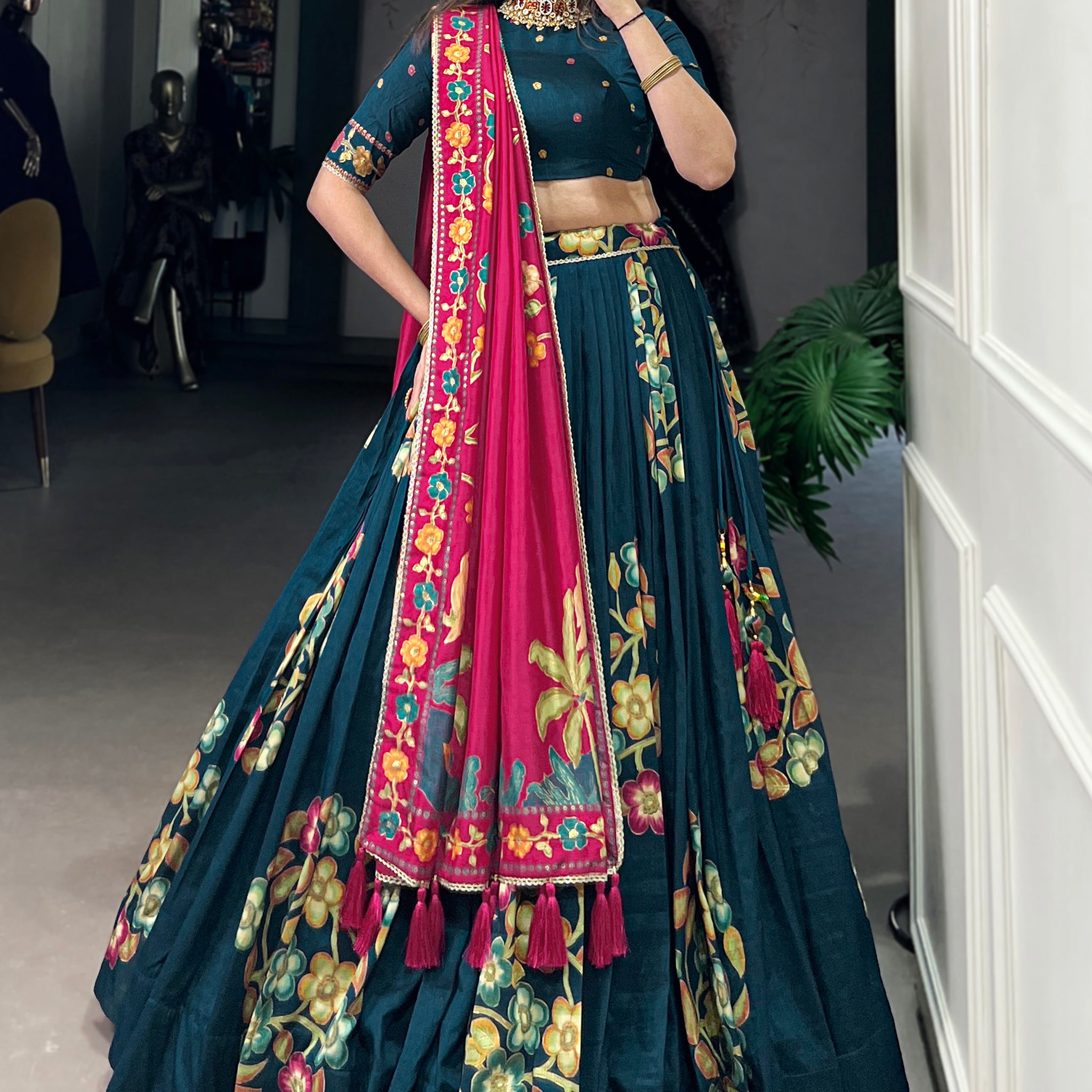 Dazzling Teal Blue Foil Work Tussar Silk Lehenga Choli With Dupatta