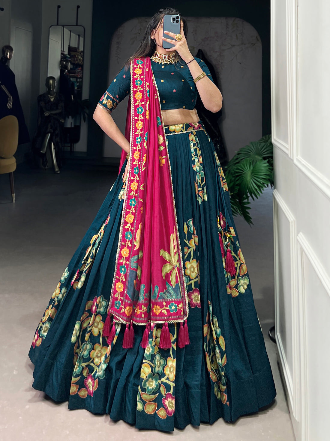 Dazzling Teal Blue Foil Work Tussar Silk Lehenga Choli With Dupatta