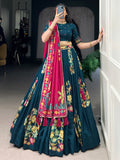 Dazzling Teal Blue Foil Work Tussar Silk Lehenga Choli With Dupatta