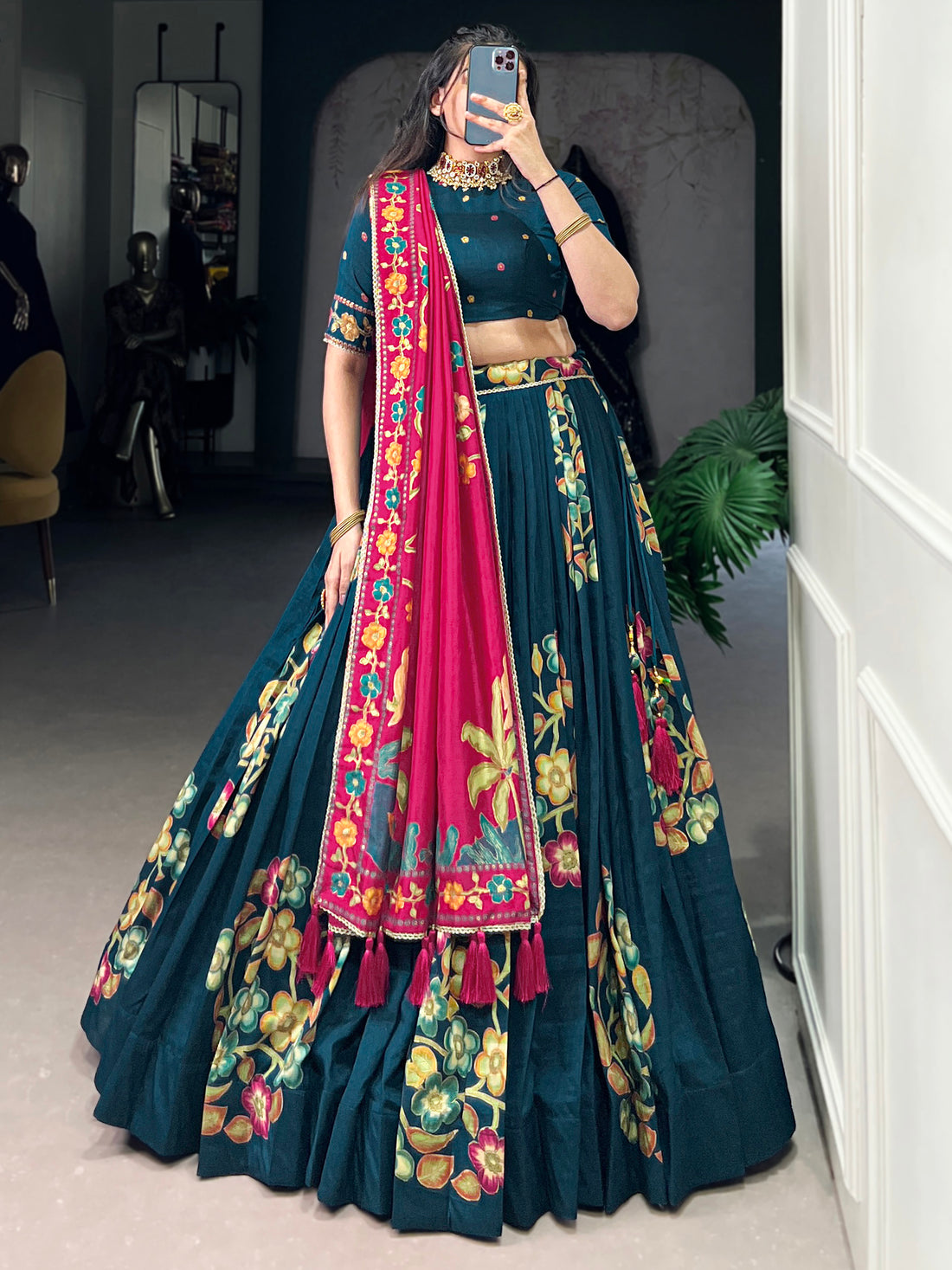 Dazzling Teal Blue Foil Work Tussar Silk Lehenga Choli With Dupatta