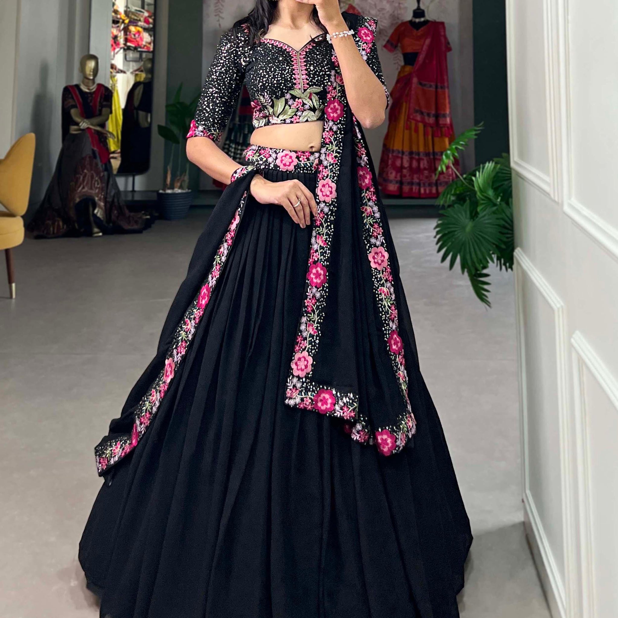 Adorable Black Sequins Georgette Designer Lehenga Choli With Dupatta