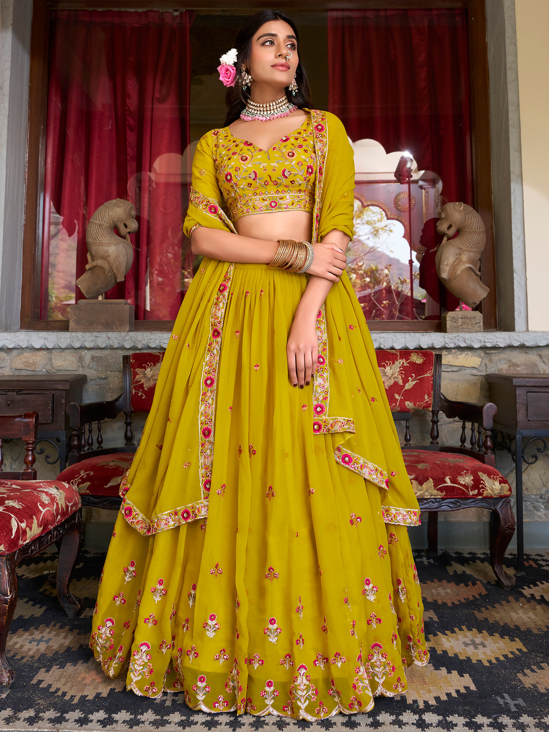 Fascinating Yellow Thread Work Georgette Haldi Wear Lehenga Choli