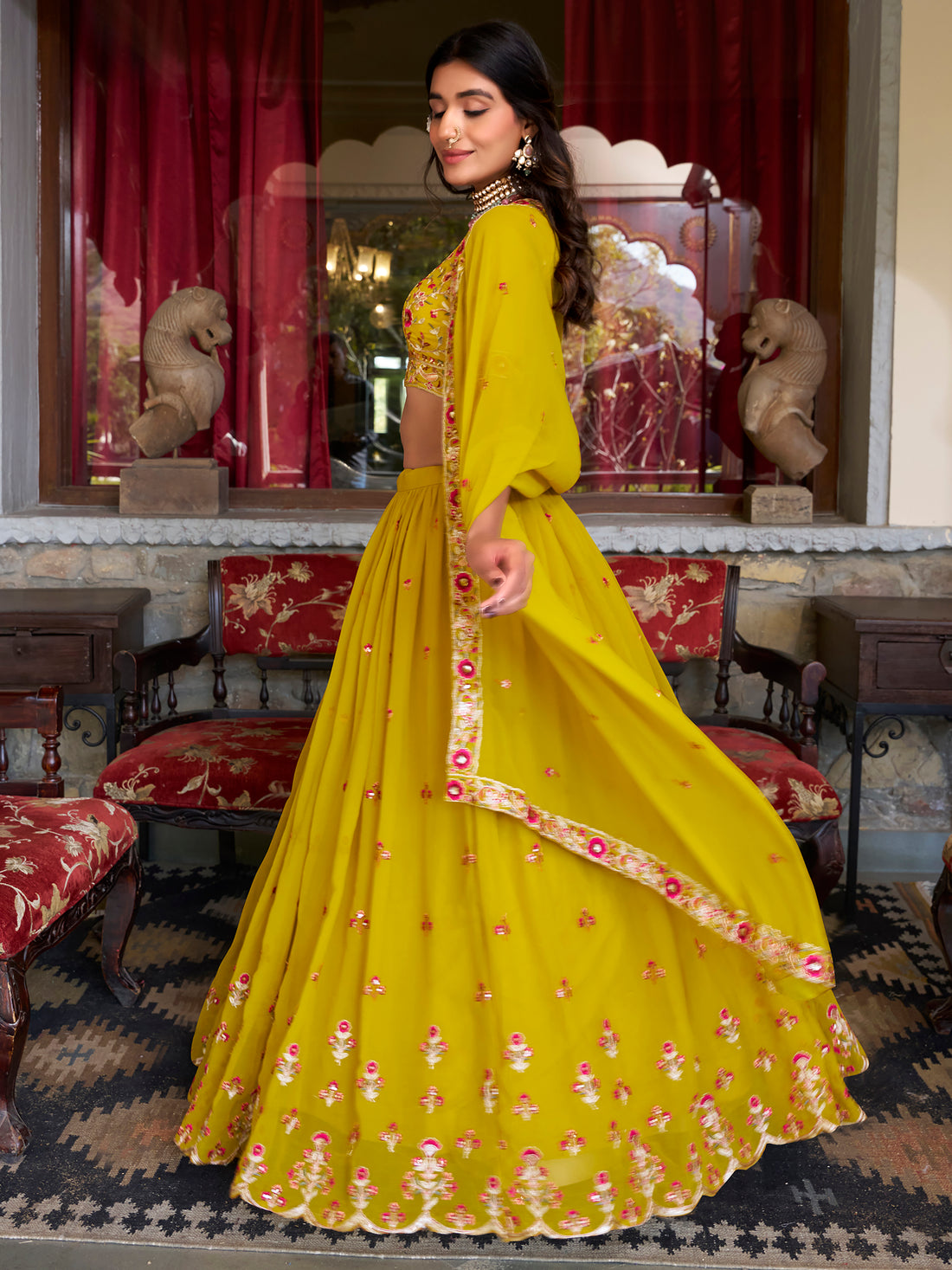 Fascinating Yellow Thread Work Georgette Haldi Wear Lehenga Choli