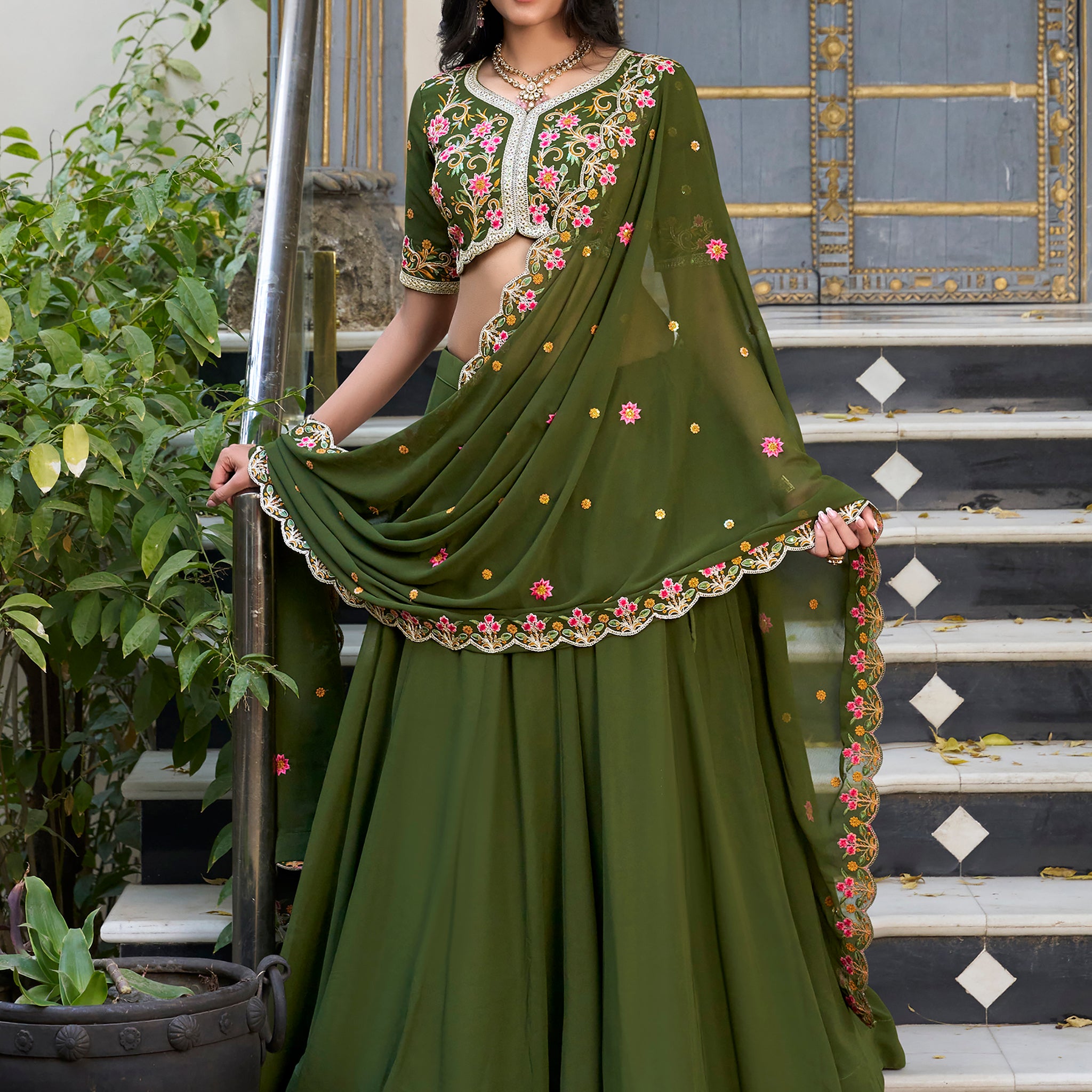 Beautiful Green Thread Work Georgette Mehendi Wear Lehenga Choli