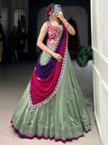 Glamorous Pista Green Sequins Work Silk Festive Wear Lehenga Choli With Dupatta
