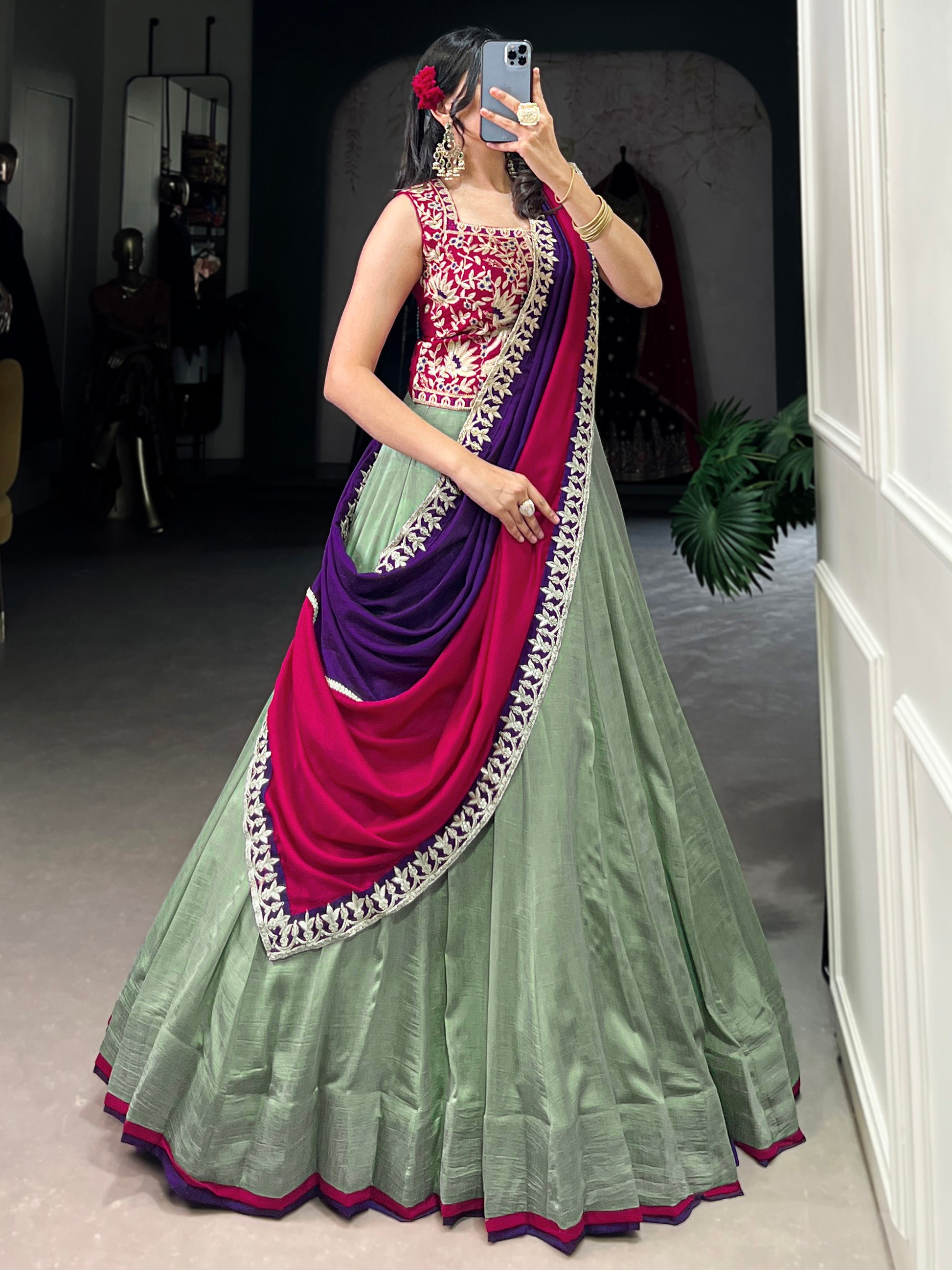 Glamorous Pista Green Sequins Work Silk Festive Wear Lehenga Choli With Dupatta
