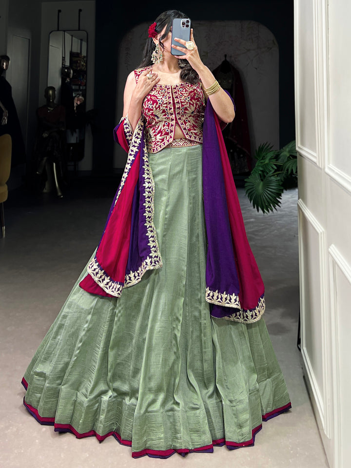 Glamorous Pista Green Sequins Work Silk Festive Wear Lehenga Choli With Dupatta