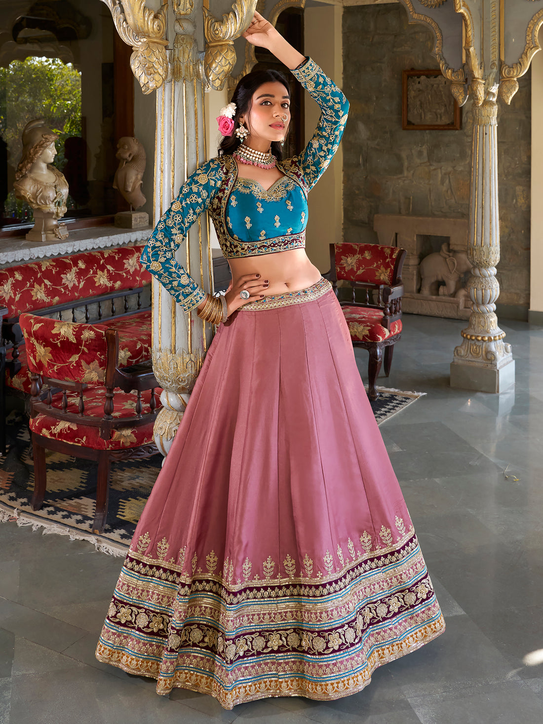 Wonderful Dusty Pink Thread Work Silk Bridesmaid Lehenga Choli