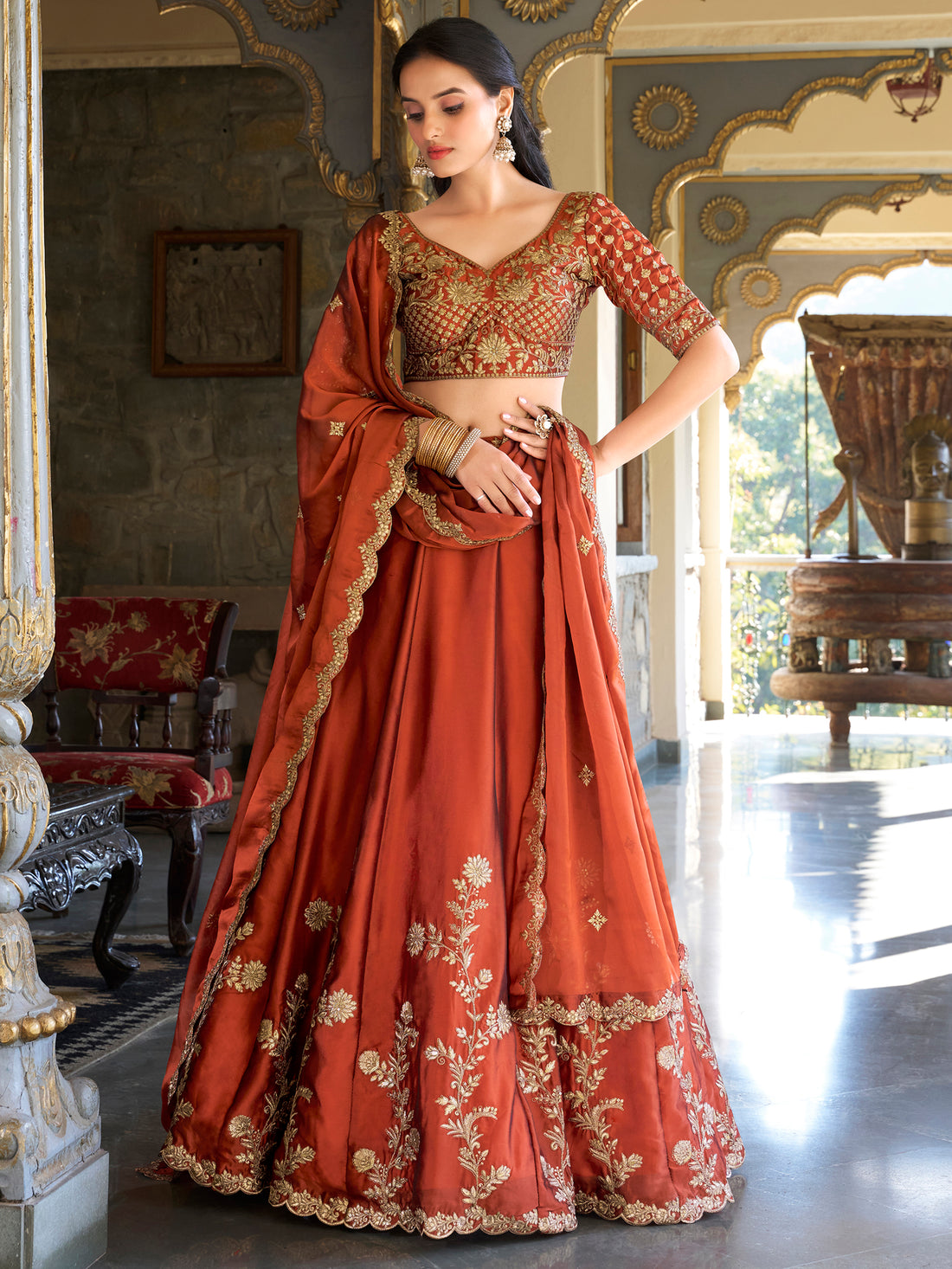 Glamorous Orange Thread Embroidery Silk Wedding Wear Lehenga Choli