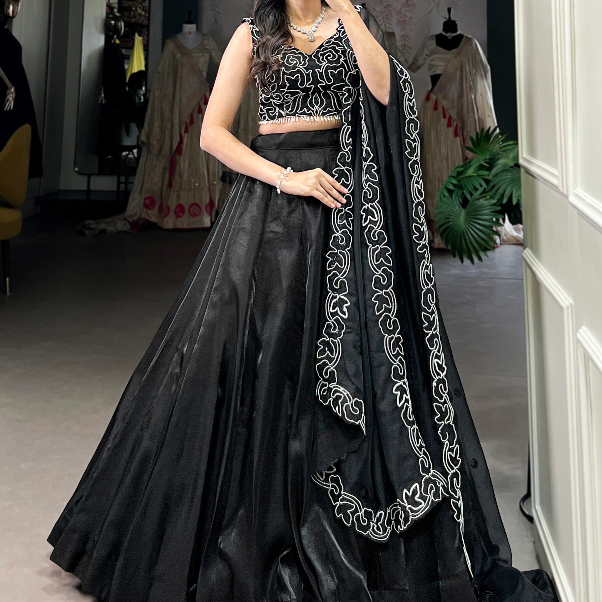 Gorgeous Black Sequins Satin Silk Party Wear Lehenga Choli With Dupatta 