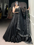 Gorgeous Black Sequins Satin Silk Party Wear Lehenga Choli With Dupatta