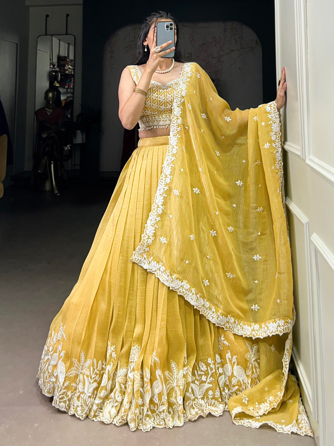Gorgeous Yellow Thread Work Crush Silk Haldi Wear Lehenga Choli With Dupatta