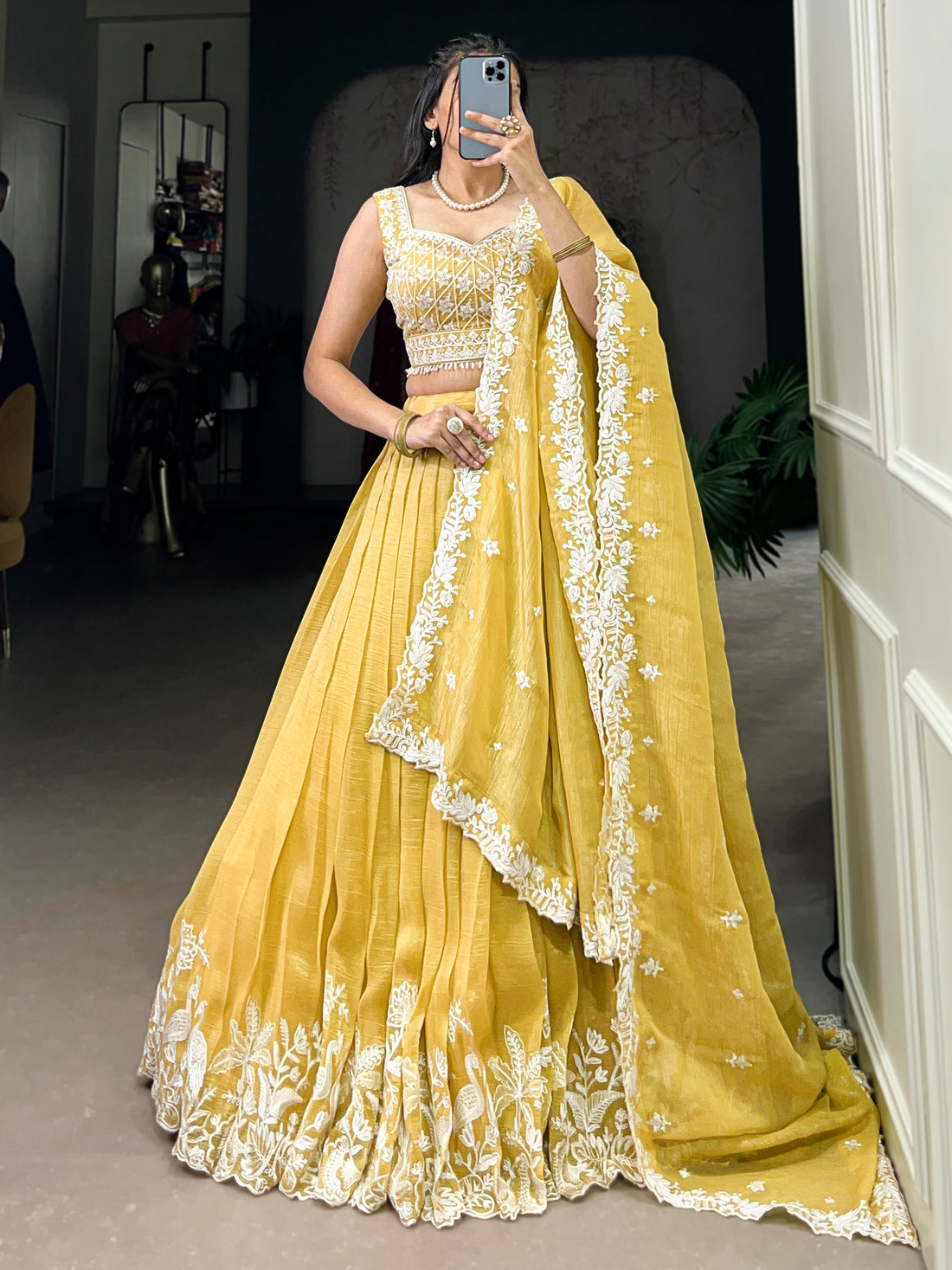 Gorgeous Yellow Thread Work Crush Silk Haldi Wear Lehenga Choli With Dupatta