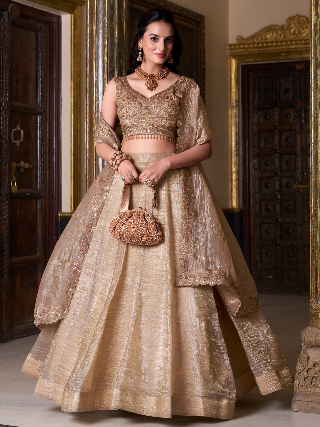 Stunning Brown Organza Wedding Lehenga With Embroidered Blouse