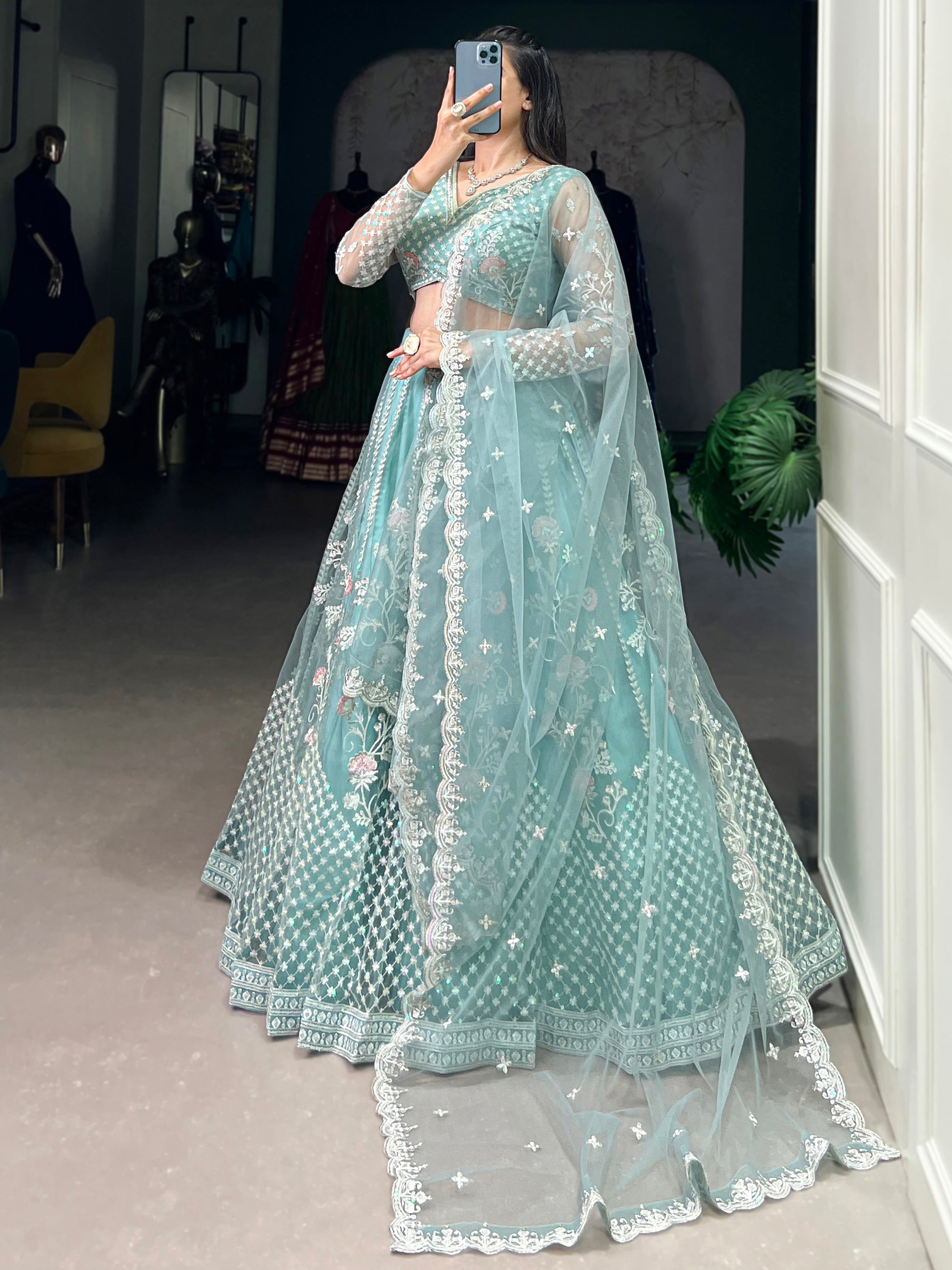 Sweet Sky Blue Thread Work Net Bridesmaid Lehenga Choli With Dupatta