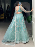 Sweet Sky Blue Thread Work Net Bridesmaid Lehenga Choli With Dupatta