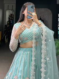 Sweet Sky Blue Thread Work Net Bridesmaid Lehenga Choli With Dupatta