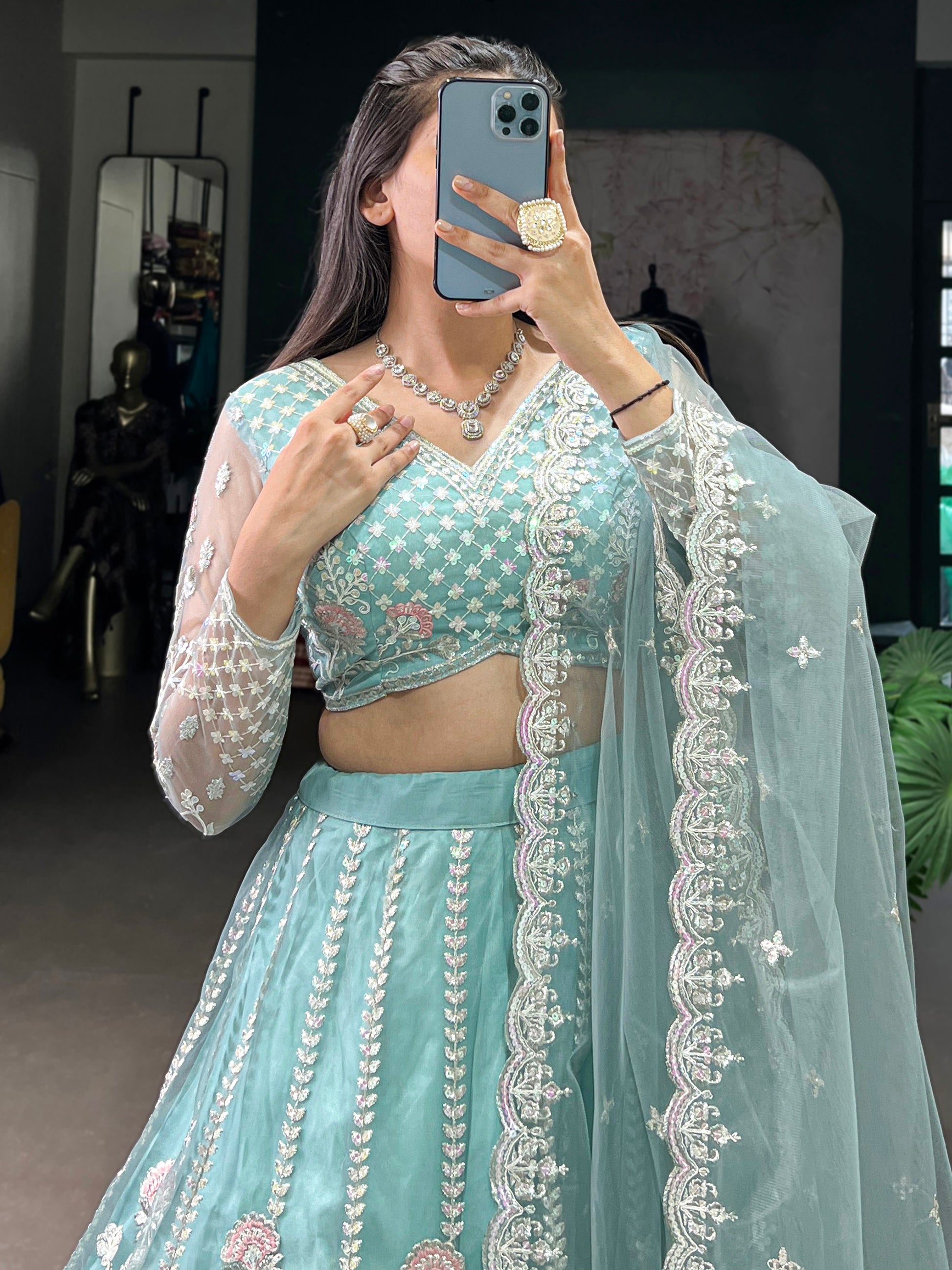 Sweet Sky Blue Thread Work Net Bridesmaid Lehenga Choli With Dupatta