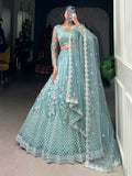 Sweet Sky Blue Thread Work Net Bridesmaid Lehenga Choli With Dupatta