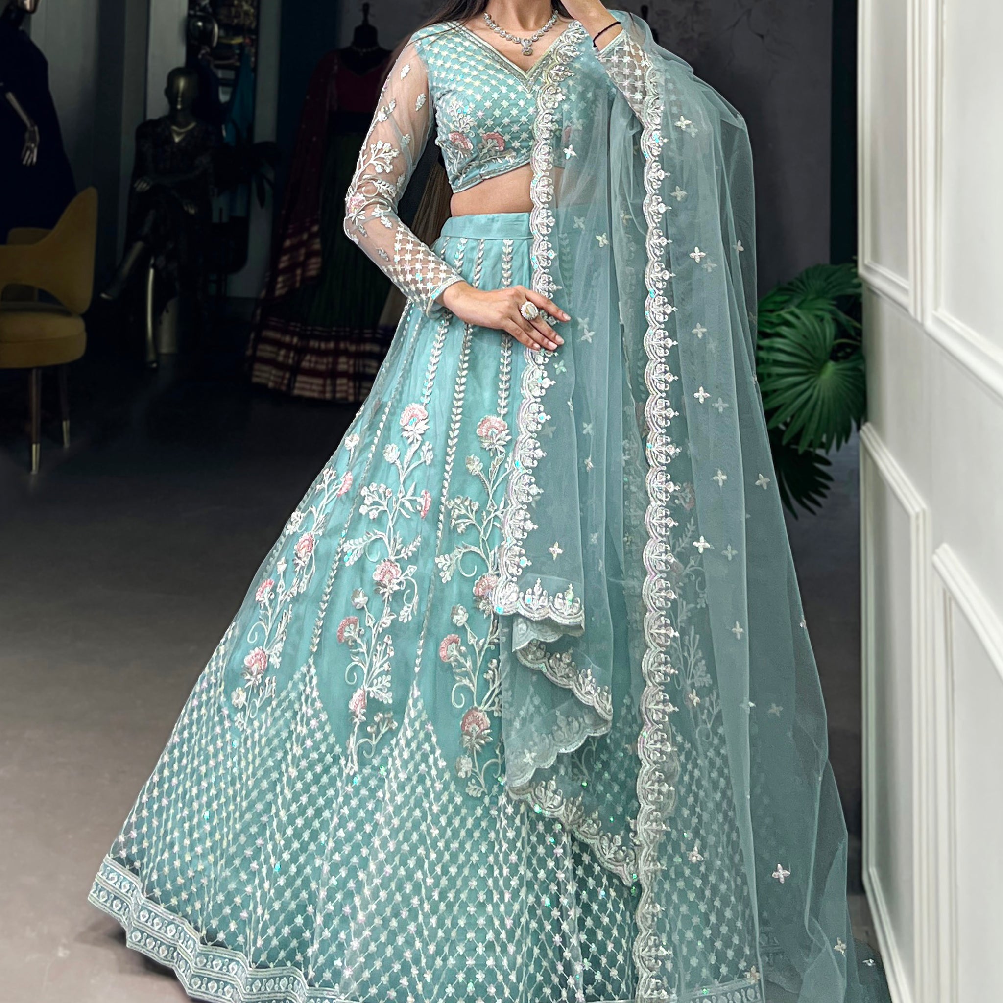 Sweet Sky Blue Thread Work Net Bridesmaid Lehenga Choli With Dupatta