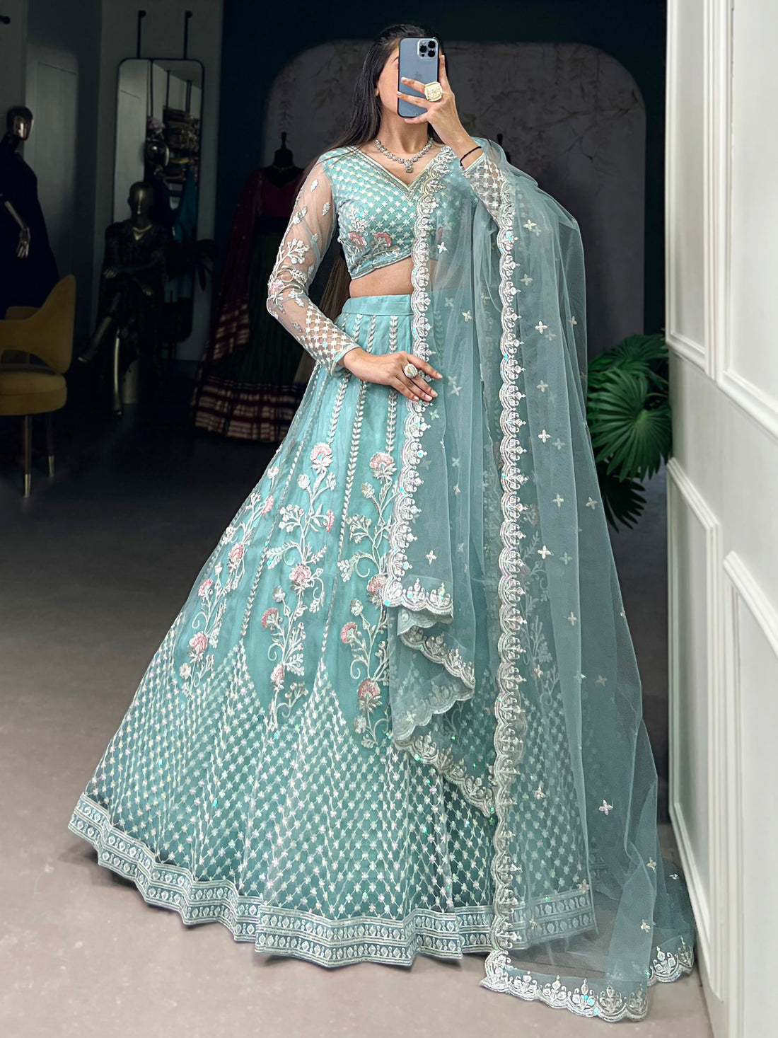 Sweet Sky Blue Thread Work Net Bridesmaid Lehenga Choli With Dupatta