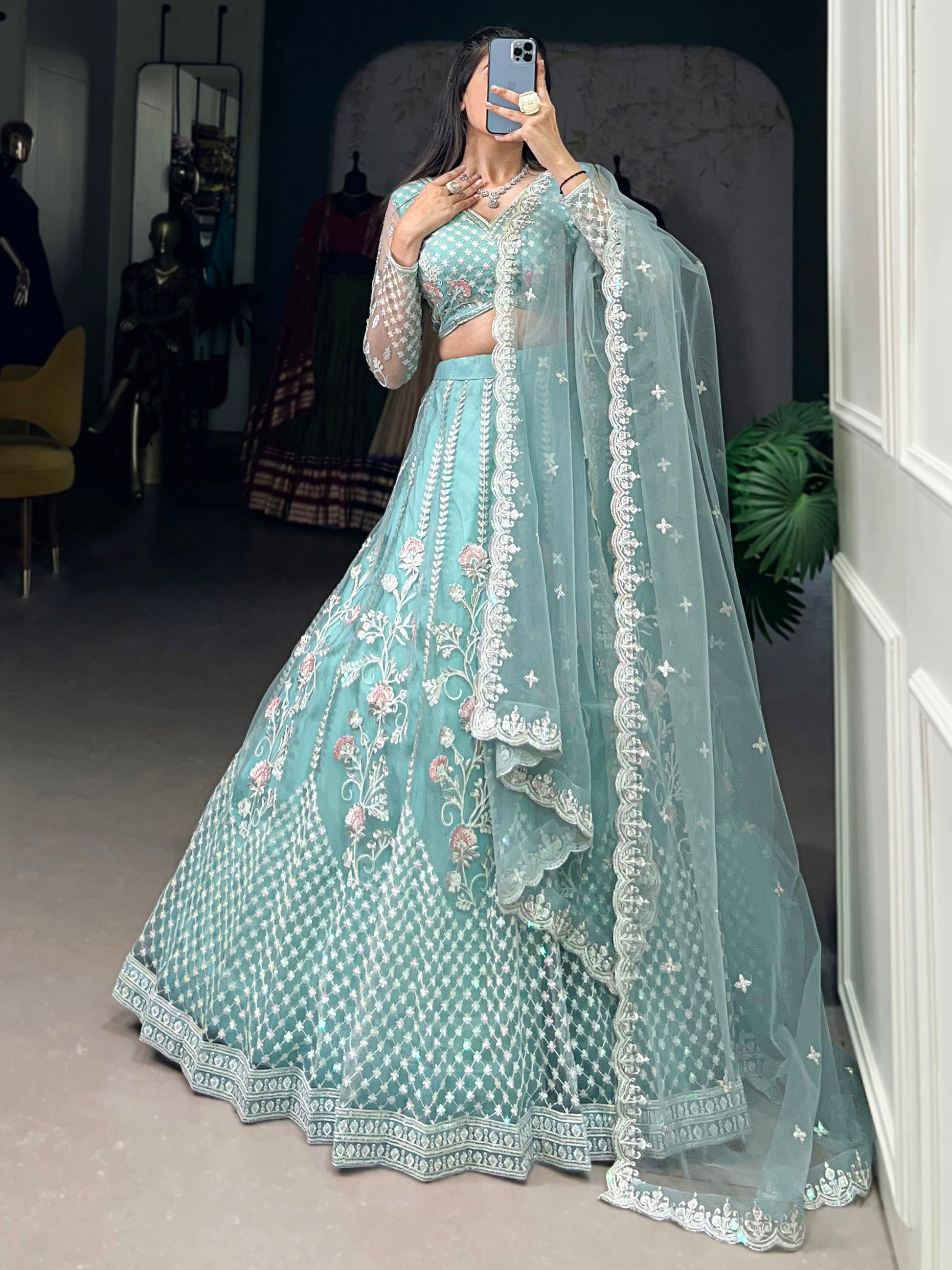 Sweet Sky Blue Thread Work Net Bridesmaid Lehenga Choli With Dupatta