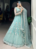 Sweet Sky Blue Thread Work Net Bridesmaid Lehenga Choli With Dupatta