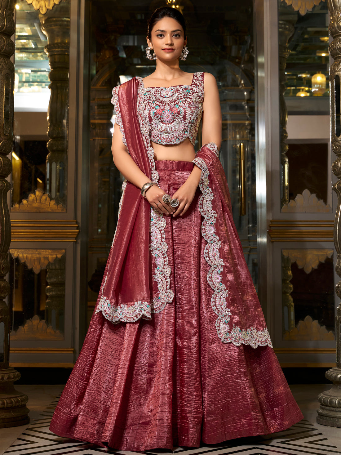 Alluring Burgundy Sequins Work Organza Crush Lehenga Choli With Dupatta